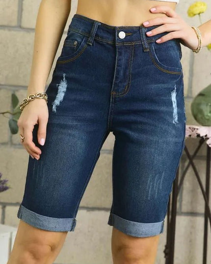 ADORA Distressed Denim Shorts with Pockets - THE AMERICAN BLUE