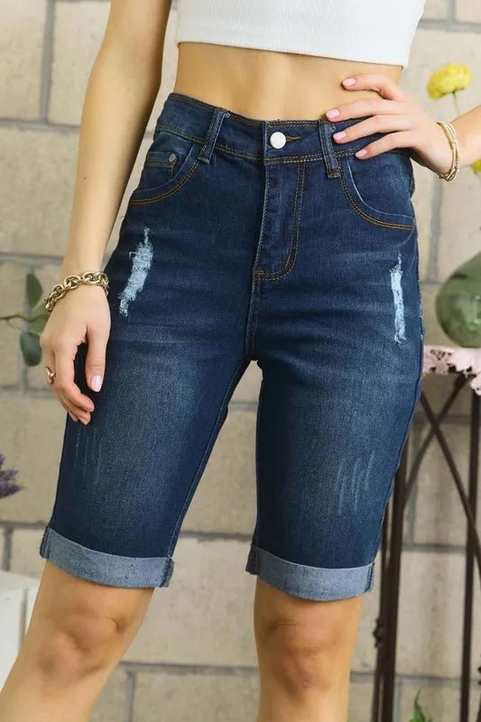 ADORA Distressed Denim Shorts with Pockets - THE AMERICAN BLUE