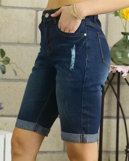 ADORA Distressed Denim Shorts with Pockets - THE AMERICAN BLUE