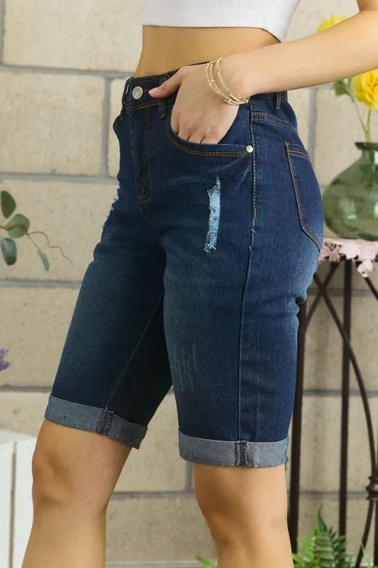 ADORA Distressed Denim Shorts with Pockets - THE AMERICAN BLUE