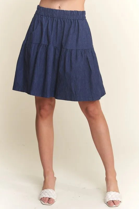 ADORA Elastic Waist Wide Leg Denim Shorts - THE AMERICAN BLUE