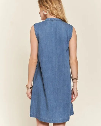 ADORA Notched Sleeveless Denim Dress with Pockets - THE AMERICAN BLUE