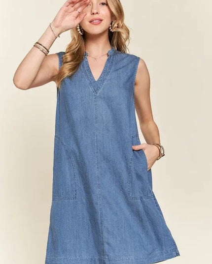 ADORA Notched Sleeveless Denim Dress with Pockets - THE AMERICAN BLUE