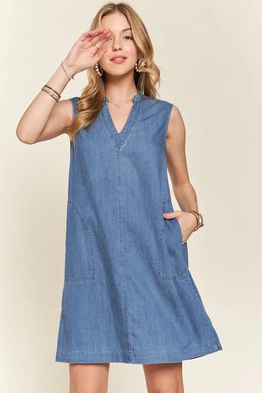 ADORA Notched Sleeveless Denim Dress with Pockets - THE AMERICAN BLUE