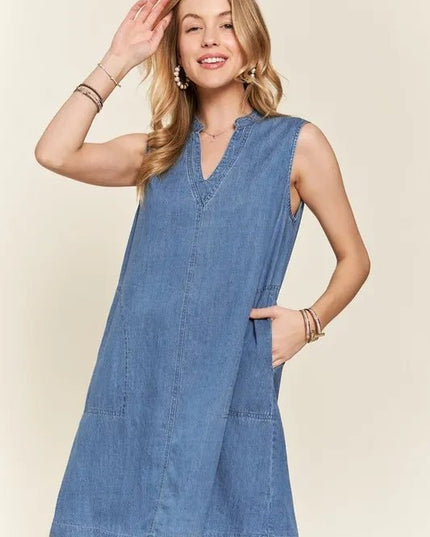 ADORA Notched Sleeveless Denim Dress with Pockets - THE AMERICAN BLUE
