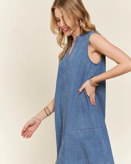 ADORA Notched Sleeveless Denim Dress with Pockets - THE AMERICAN BLUE