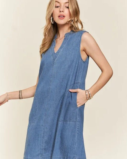 ADORA Notched Sleeveless Denim Dress with Pockets - THE AMERICAN BLUE