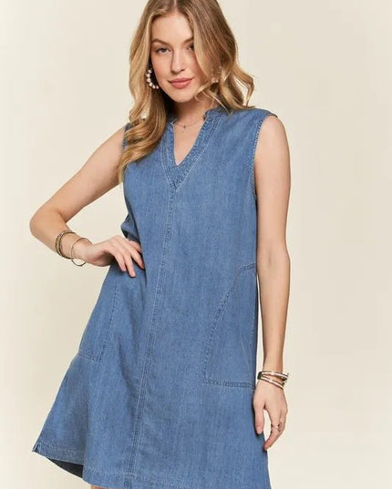 ADORA Notched Sleeveless Denim Dress with Pockets - THE AMERICAN BLUE