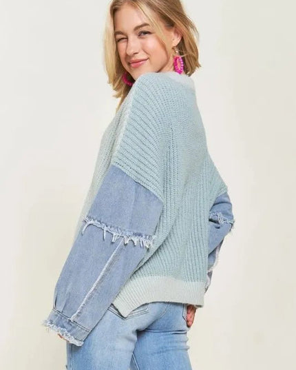 ADORA Plus Size Frayed Denim Sleeve Sweater Top - THE AMERICAN BLUE