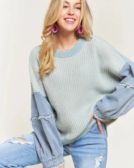ADORA Plus Size Frayed Denim Sleeve Sweater Top - THE AMERICAN BLUE
