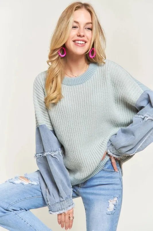 ADORA Plus Size Frayed Denim Sleeve Sweater Top - THE AMERICAN BLUE