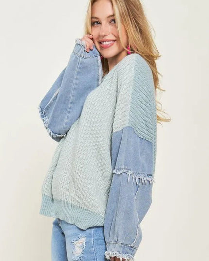 ADORA Plus Size Frayed Denim Sleeve Sweater Top - THE AMERICAN BLUE