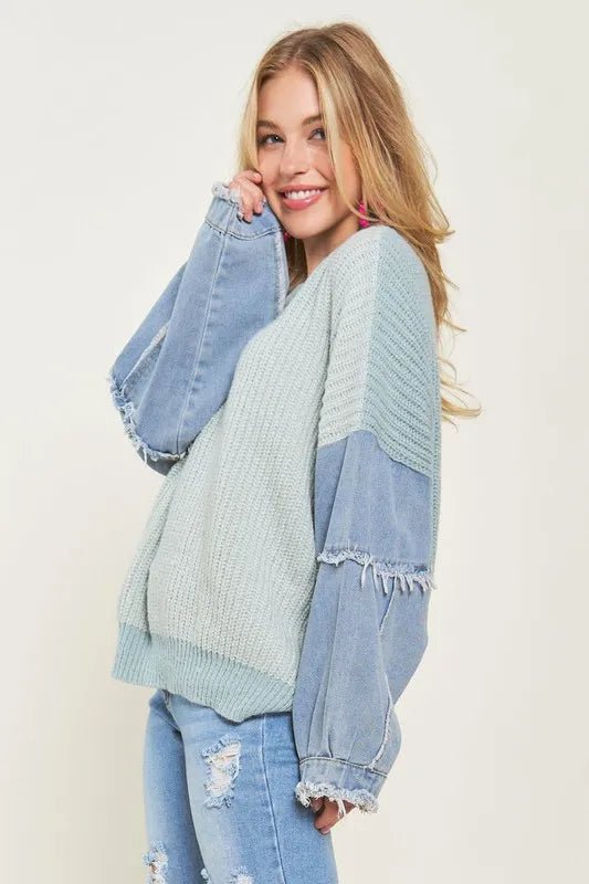 ADORA Plus Size Frayed Denim Sleeve Sweater Top - THE AMERICAN BLUE