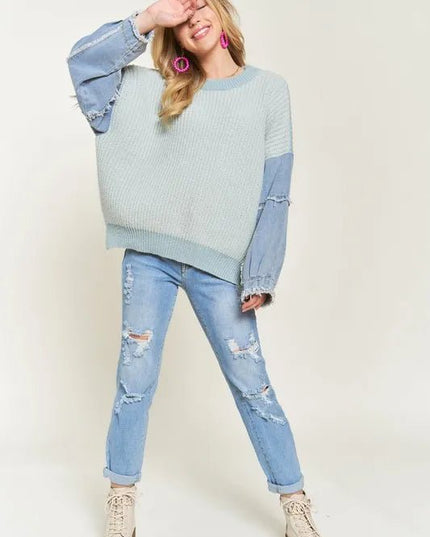 ADORA Plus Size Frayed Denim Sleeve Sweater Top - THE AMERICAN BLUE
