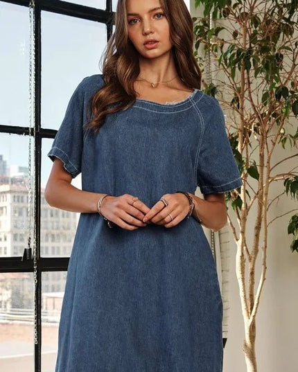 ADORA Raw Hem Mini Denim Dress with Pockets - THE AMERICAN BLUE