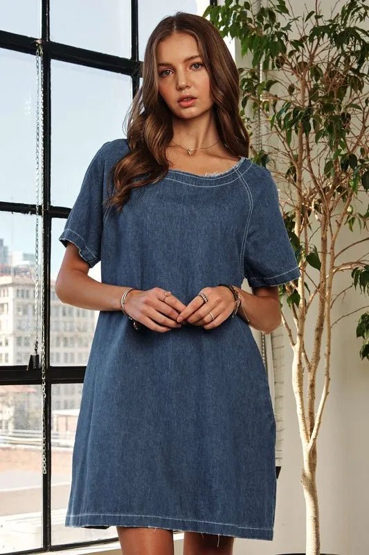 ADORA Raw Hem Mini Denim Dress with Pockets - THE AMERICAN BLUE