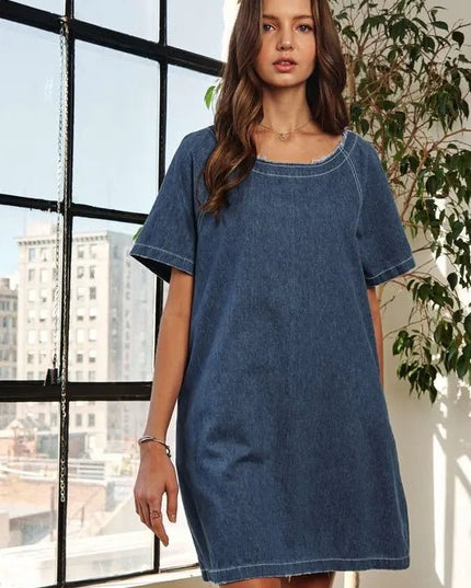 ADORA Raw Hem Mini Denim Dress with Pockets - THE AMERICAN BLUE