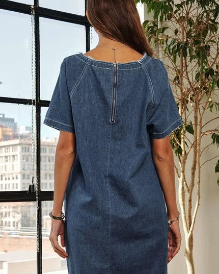 ADORA Raw Hem Mini Denim Dress with Pockets - THE AMERICAN BLUE
