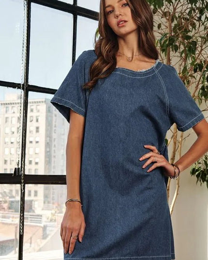 ADORA Raw Hem Mini Denim Dress with Pockets - THE AMERICAN BLUE
