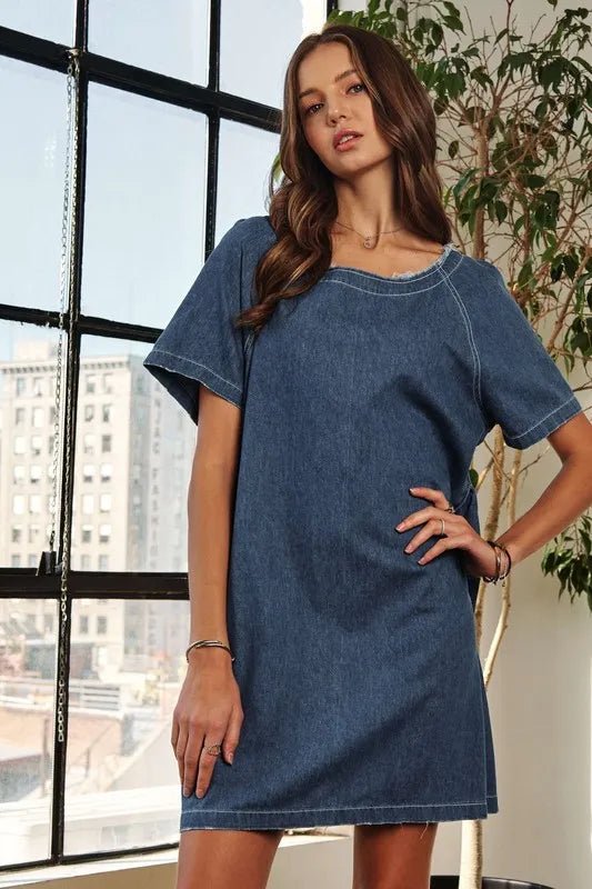 ADORA Raw Hem Mini Denim Dress with Pockets - THE AMERICAN BLUE