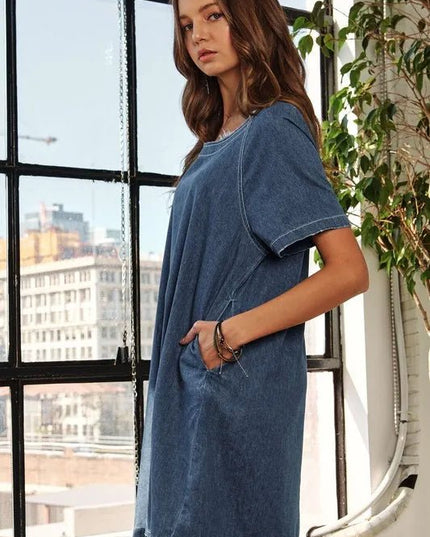 ADORA Raw Hem Mini Denim Dress with Pockets - THE AMERICAN BLUE