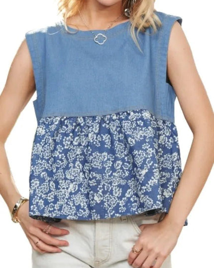 ADORA Sleeveless Denim Contrast Top - THE AMERICAN BLUE