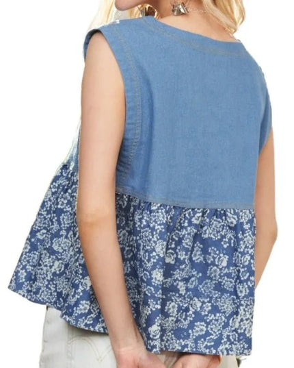 ADORA Sleeveless Denim Contrast Top - THE AMERICAN BLUE