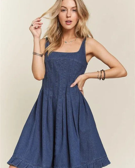 ADORA Smocked Back Square Neck Denim Dress - THE AMERICAN BLUE