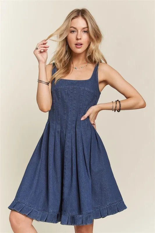 ADORA Smocked Back Square Neck Denim Dress - THE AMERICAN BLUE