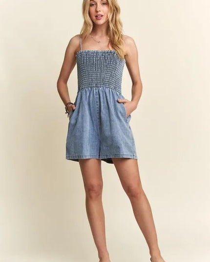 ADORA Smocked Spaghetti Strap Denim Romper - THE AMERICAN BLUE