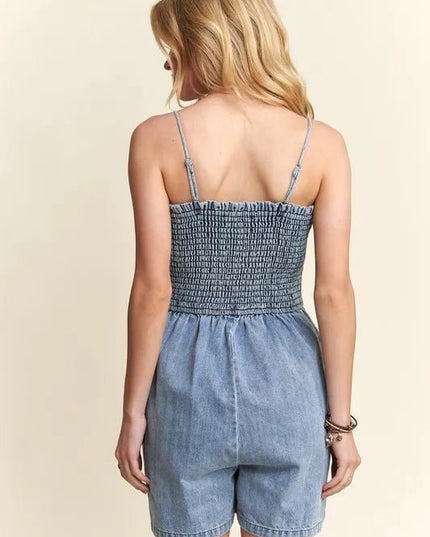 ADORA Smocked Spaghetti Strap Denim Romper - THE AMERICAN BLUE