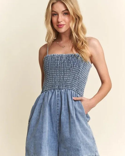 ADORA Smocked Spaghetti Strap Denim Romper - THE AMERICAN BLUE