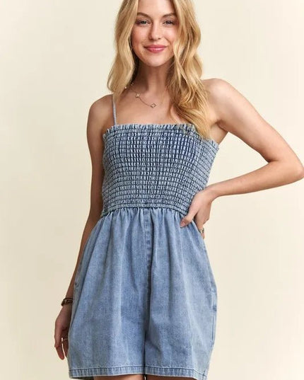 ADORA Smocked Spaghetti Strap Denim Romper - THE AMERICAN BLUE