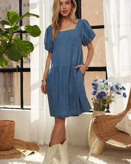 ADORA Square Neck Puff Sleeve Denim Dress - THE AMERICAN BLUE