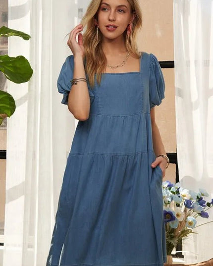 ADORA Square Neck Puff Sleeve Denim Dress - THE AMERICAN BLUE