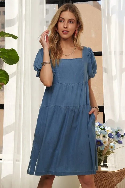 ADORA Square Neck Puff Sleeve Denim Dress - THE AMERICAN BLUE