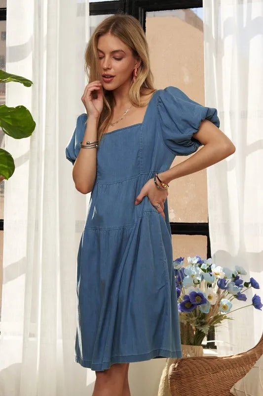 ADORA Square Neck Puff Sleeve Denim Dress - THE AMERICAN BLUE