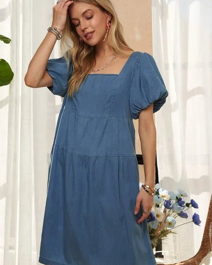 ADORA Square Neck Puff Sleeve Denim Dress - THE AMERICAN BLUE