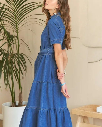 ADORA Tiered Button Down Tie Waist Short Sleeve Denim Dress - THE AMERICAN BLUE