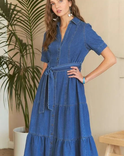 ADORA Tiered Button Down Tie Waist Short Sleeve Denim Dress - THE AMERICAN BLUE
