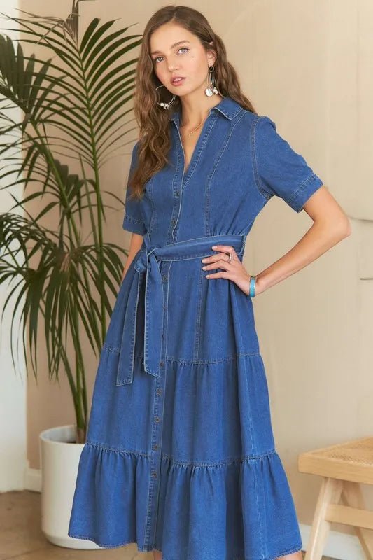 ADORA Tiered Button Down Tie Waist Short Sleeve Denim Dress - THE AMERICAN BLUE