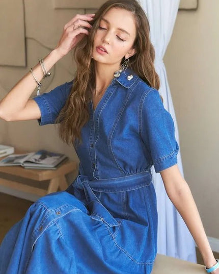 ADORA Tiered Button Down Tie Waist Short Sleeve Denim Dress - THE AMERICAN BLUE