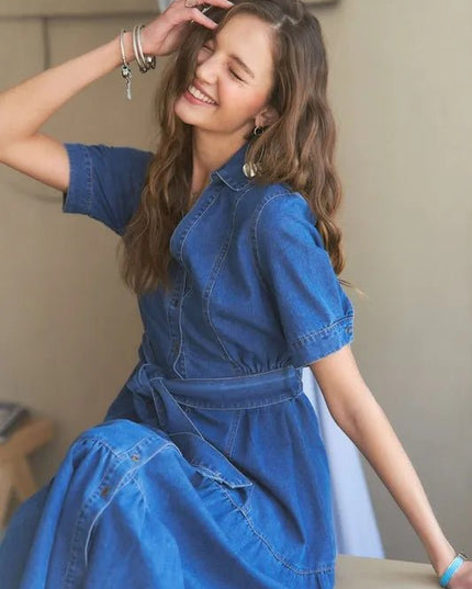 ADORA Tiered Button Down Tie Waist Short Sleeve Denim Dress - THE AMERICAN BLUE