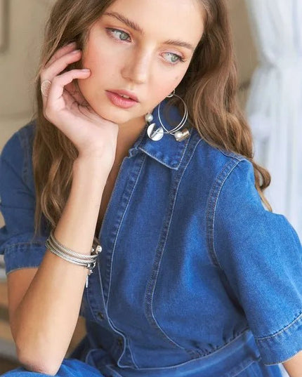 ADORA Tiered Button Down Tie Waist Short Sleeve Denim Dress - THE AMERICAN BLUE