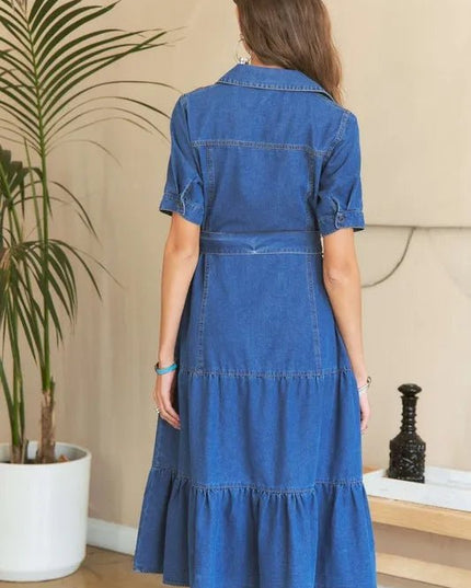 ADORA Tiered Button Down Tie Waist Short Sleeve Denim Dress - THE AMERICAN BLUE