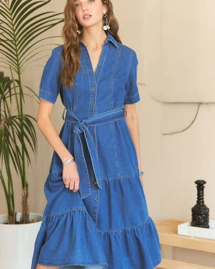ADORA Tiered Button Down Tie Waist Short Sleeve Denim Dress - THE AMERICAN BLUE