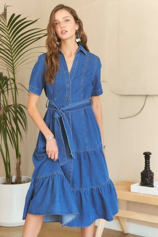 ADORA Tiered Button Down Tie Waist Short Sleeve Denim Dress - THE AMERICAN BLUE