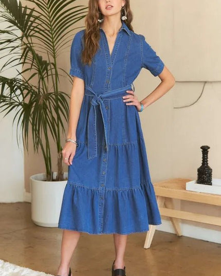 ADORA Tiered Button Down Tie Waist Short Sleeve Denim Dress - THE AMERICAN BLUE