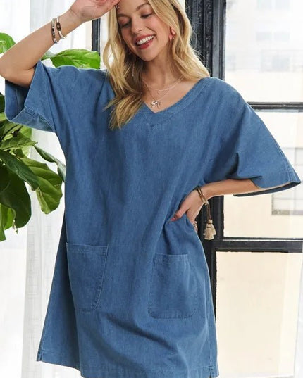 ADORA V - Neck Half Sleeve Mini Denim Dress - THE AMERICAN BLUE