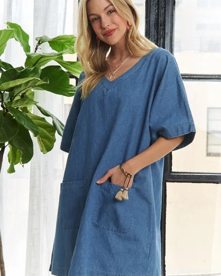 ADORA V - Neck Half Sleeve Mini Denim Dress - THE AMERICAN BLUE